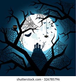 Halloween illustration. Bats flying in the night with a full moon on dark blue background.