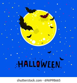 Halloween illustration. Bats flying in the night with a full moon on dark blue background.