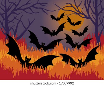 Halloween illustration of bats flying out of hell fire.