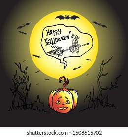 Halloween illustration of bats, pumpkins and the moon, funny and scary pumpkin head who dreams of a witch flying on a broomstick across the sky for Halloween