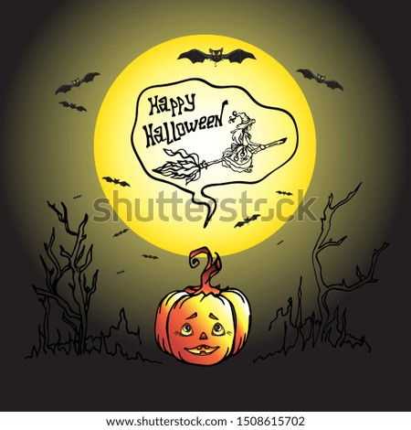 Halloween illustration of bats, pumpkins and the moon, funny and scary pumpkin head who dreams of a witch flying on a broomstick across the sky for Halloween