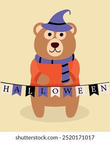 Halloween Illustration with Bear Holding Decoration and Wear Magic Hat