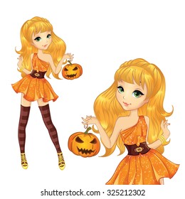 Halloween illustration. Beautiful blonde witch with pumpkin. 