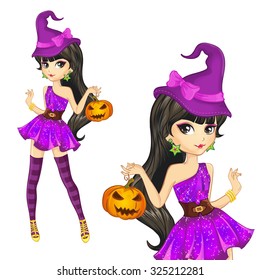 Halloween illustration. Beautiful brunette witch in purple dress with pumpkin. 