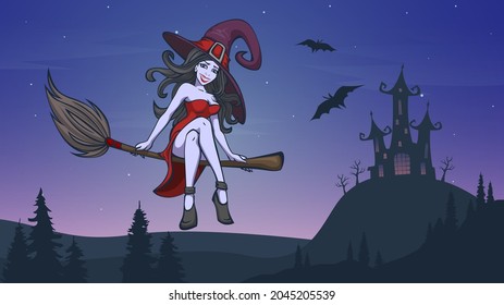 Halloween illustration with a beautiful girl witch in on a broomstick on the background of a spooky castle