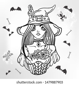 Halloween illustration, Beautiful lady Witch, woman over Halloween background for Holiday Design