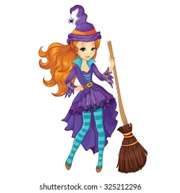 Halloween illustration. Beautiful red hair witch with broom. 