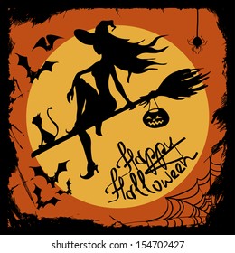 Halloween illustration with beautiful witch silhouette flying on the broom with cat