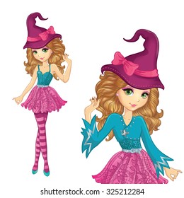 Halloween illustration. Beautiful witch wearing a pink hat with a bow.