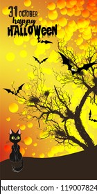 Halloween illustration with a black cat against a background of a magical sky with trees and bats.