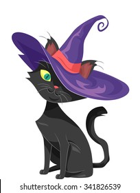 Halloween Illustration of a Black Cat Dressed as a Witch