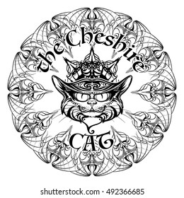 Halloween illustration with black cat head on circular ornament of bat wings. Intricate hand drawing. Halloween concept design. T-shirt print. Tattoo design. EPS10 vector illustration.