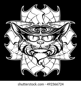 Halloween illustration with black cat head on circular ornament of bat wings. Intricate hand drawing. Halloween concept design. T-shirt print. Tattoo design. EPS10 vector illustration.