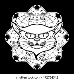 Halloween illustration with black cat head on circular ornament of bat wings. Intricate hand drawing. Halloween concept design. T-shirt print. Tattoo design. EPS10 vector illustration.