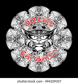 Halloween illustration with black cat head on circular ornament of bat wings. Intricate hand drawing. Halloween concept design. T-shirt print. Tattoo design. EPS10 vector illustration.