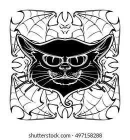 Halloween illustration with black cat head on circular ornament of bat wings. Intricate hand drawing. Halloween concept design. T-shirt print. Tattoo design. EPS10 vector illustration.