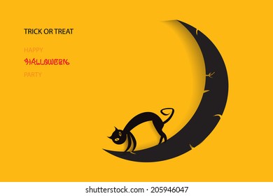 Halloween illustration with black cat on moon ,yellow background. 