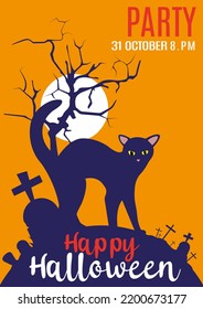 Halloween illustration with black cat on moon yellow scary background. Halloween party invitation with scary tree and grave. Happy Halloween holiday. Poster and web banner. Vector illustration 