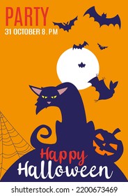 Halloween illustration with black cat on moon yellow scary background. Halloween party invitation with scary bat and pumpkin. Happy Halloween holiday. Poster and web banner. Vector illustration 