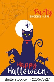 Halloween illustration with black cat on moon yellow scary background. Halloween party invitation with scary spider and Spider web. Happy Halloween holiday. Poster and web banner. Vector illustration 