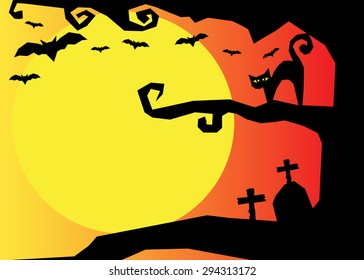 Halloween illustration with black cat on moon background. 