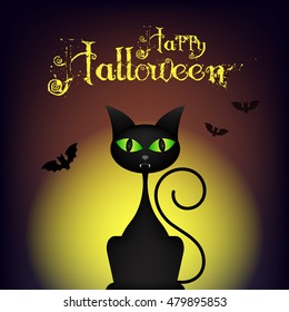 Halloween illustration with black cat on moon background.