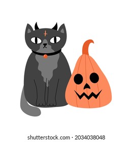 Halloween illustration with black cat and pumpkin