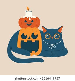 Halloween illustration with black cat with pumpkins and candle. Happy Halloween concept. Funny, quirky, cute clip art with character for sticker, invitation, banner, card, flyer. Flat Design.