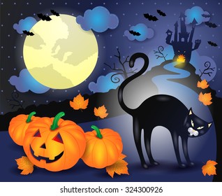 Halloween illustration with black cat and pumpkins. Vector 