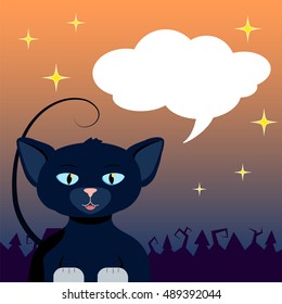 Halloween illustration with black cat and text place. Empty bubble or cloud for greeting message or discount offer. Speaking cat. Square image for Halloween card with handdrawn cartoon character