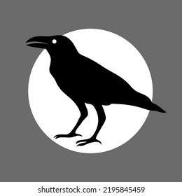 Halloween Illustration Of A Black Crow On The White Circle As Sticker, Poster, Wallpaper Or Single Pattern For Printing On Cards, Cloth, Textile, Package Or Signs.