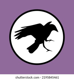 Halloween Illustration Of A Black Crow On The White Circle As Sticker, Poster, Wallpaper Or Single Pattern For Printing On Cards, Cloth, Textile, Package Or Signs.