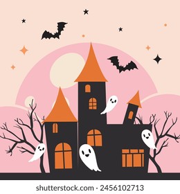 halloween illustration in black and pink with orange hint 