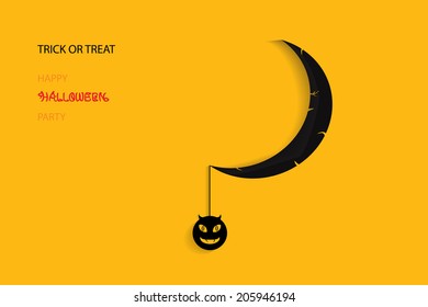 Halloween illustration with black pumpkin devil and moon, Yellow background. EPS 10 Vector.