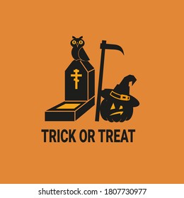 Halloween illustration with black silhouetes on orange background. Vector
