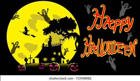 Halloween illustration with black silhouettes on moon background. Gift card. Vector illustration
