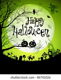 Halloween illustration with black silhouettes on moon background. Vector illustration. Check my portfolio for raster version.