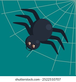 Halloween-Illustration einer schwarzen Spinne auf einem Netz sitzend. Isoliertes Vektorbild auf grünem Hintergrund, Vektor.