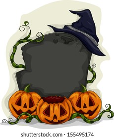 Halloween Illustration of a Blank Tombstone Surrounded by Jack-o'-Lanterns and Vines