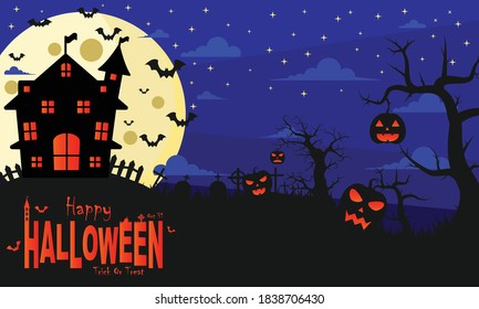 Halloween illustration blue and dark vector background, horror, lantern, pumpkin, tree, house, bat, moon, etc. Good for web  cards, etc.