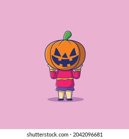 Halloween illustration of boy using pumpkins helmet vector icon.