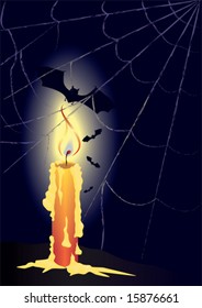 halloween illustration with candle, bats and spiderweb