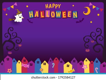 Halloween illustration card with ghost witch on night party background.