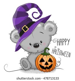 Halloween illustration of Cartoon Bear with pumpkin