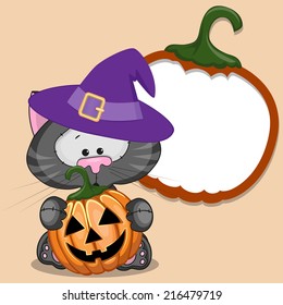 Halloween illustration of Cartoon Black cat with pumpkin 