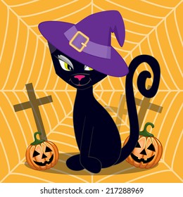 Halloween illustration of Cartoon Black cat with pumpkin 