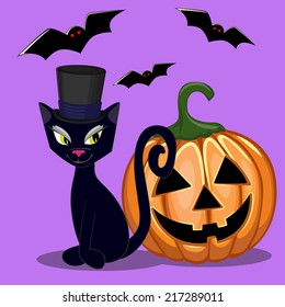 Halloween illustration of Cartoon Black cat with pumpkin 