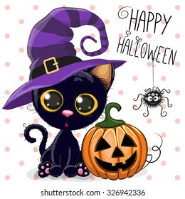 Halloween illustration of Cartoon cat with pumpkin on a dots background 