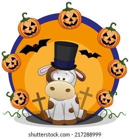 Halloween illustration of Cartoon Cow with pumpkin 
