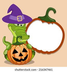 Halloween illustration of Cartoon Crocodile with pumpkin 